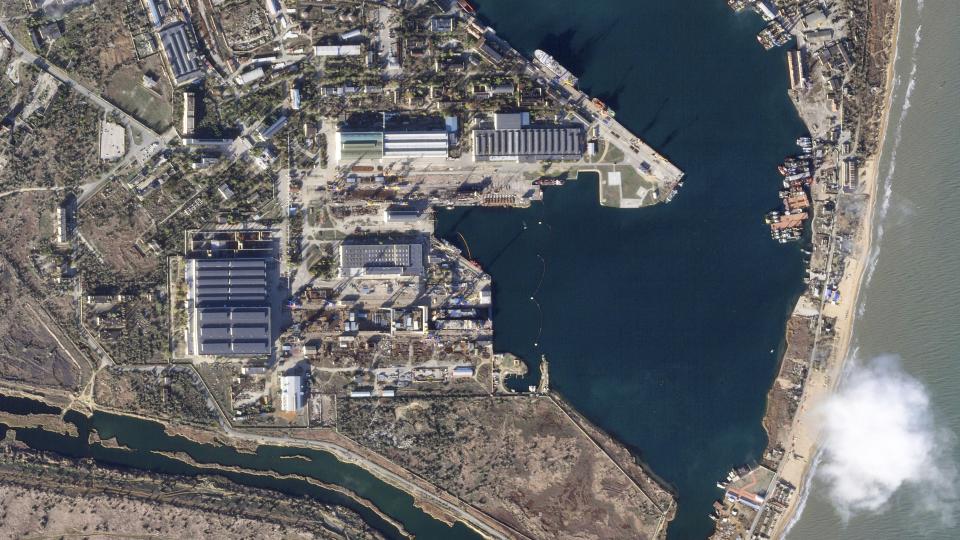 This satellite image from Planet Labs PBC shows a shipyard in Kerch in the Crimean Peninsula after a Ukrainian missile attack targeted the shipyard and a Russian naval vessel there Sunday, Nov. 5, 2023. Satellite photos analyzed Monday, Nov. 6, 2023, by The Associated Press showed damage done by a Ukrainian missile strike on a Russian navy corvette moored off Kerch in the Moscow-held Crimean Peninsula. (Planet Labs PBC via AP)