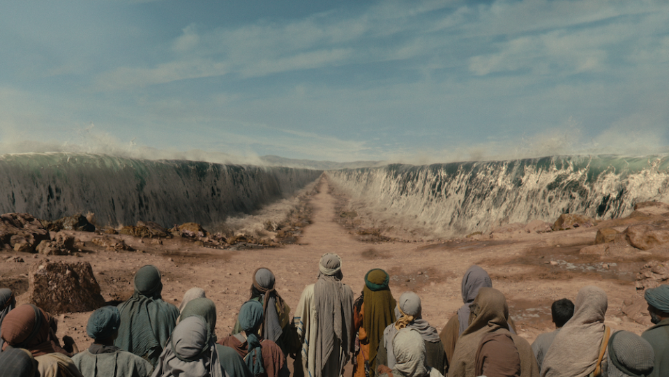 Moses and the Hebrews watch as the Red Sea parts in 'Testament: The Story of Moses' on Netflix