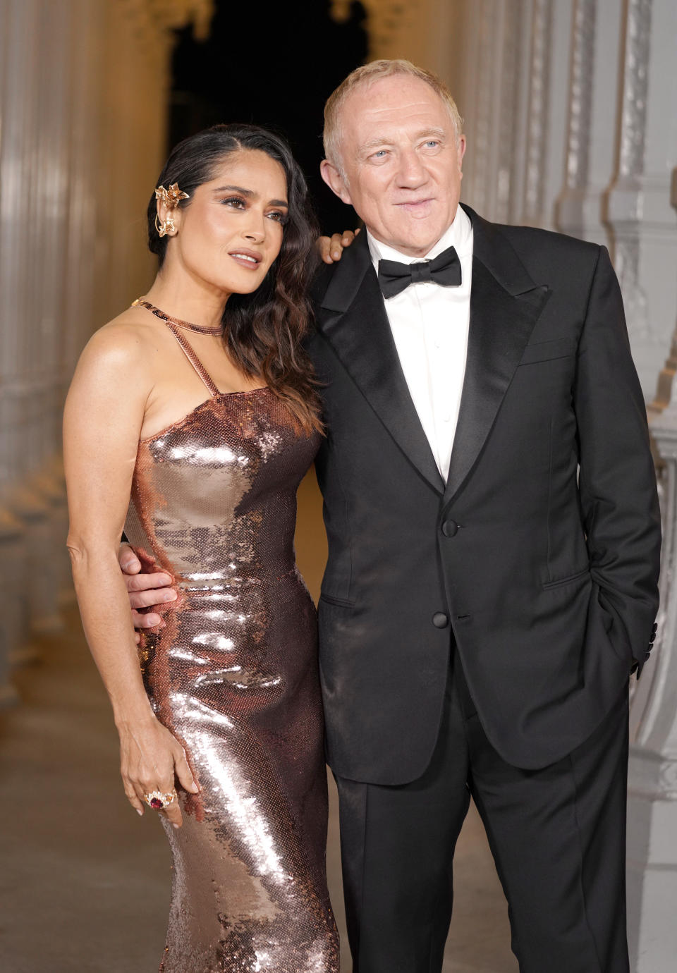 LOS ANGELES, CALIFORNIA - NOVEMBER 04: (L-R) Salma Hayek, wearing Gucci, and François-Henri Pinault attend the 2023 LACMA Art+Film Gala, Presented By Gucci at Los Angeles County Museum of Art on November 04, 2023 in Los Angeles, California. (Photo by Presley Ann/Getty Images for LACMA)
