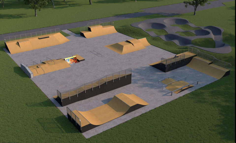 Pictured is a CAD rendering of the skatepark and new pump track at Alliance's Memorial Park. The pump track (shown in all gray) will be new. PumpTrax, a Cleveland firm, is doing the work.