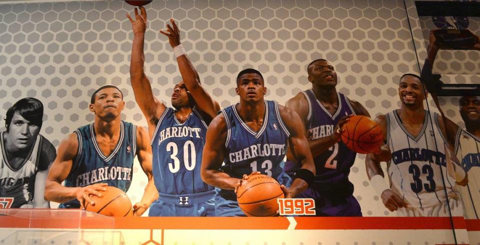 A timeline of Hornets and Bobcats star players are on display in the museum exhibit.