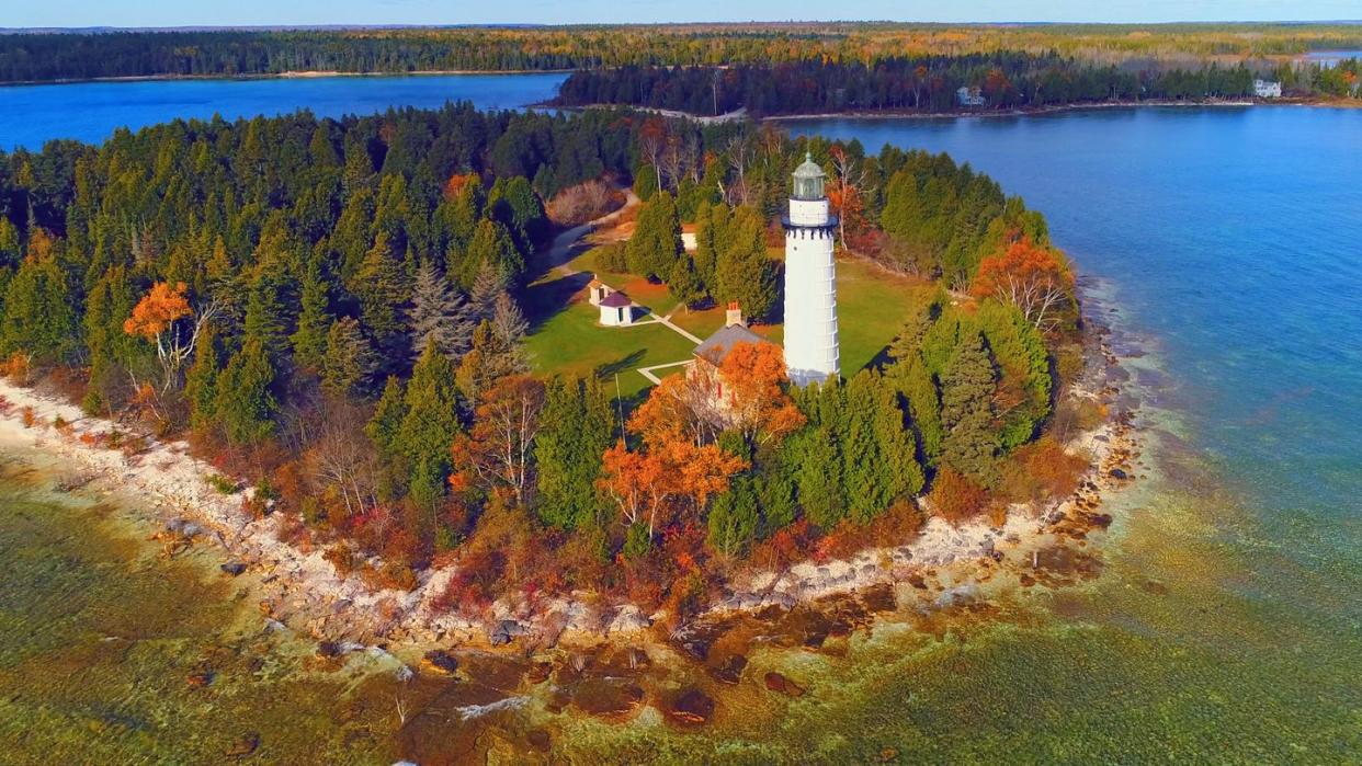 scenic cana island lighthouse, door county, wisconsin, aerial flyby