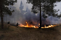 Israeli firefighters attempt to extinguish a fire caused by an incendiary balloon launched by Palestinians from the Gaza Strip, on the Israeli Gaza border, Sunday, May 9, 2021. Protest groups affiliated with Gaza's militant Hamas rulers began launching the incendiary balloons to protest what they say are heavy-handed Israeli actions at the Al-Aqsa mosque and elsewhere in Jerusalem in recent days. Hamas had largely curtailed launches of the balloons over the past two years as part of an informal cease-fire. (AP Photo/Tsafrir Abayov)