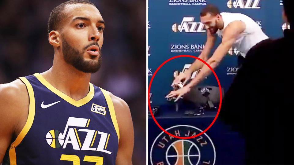 Rudy Gobert, pictured here mocking the coronavirus crisis.