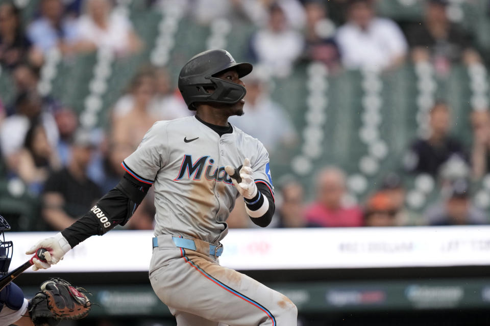 Miami Marlins' Nick Gordon hits a single to second during the fourth inning of a baseball game against the Detroit Tigers, Monday, May 13, 2024, in Detroit. (AP Photo/Carlos Osorio)