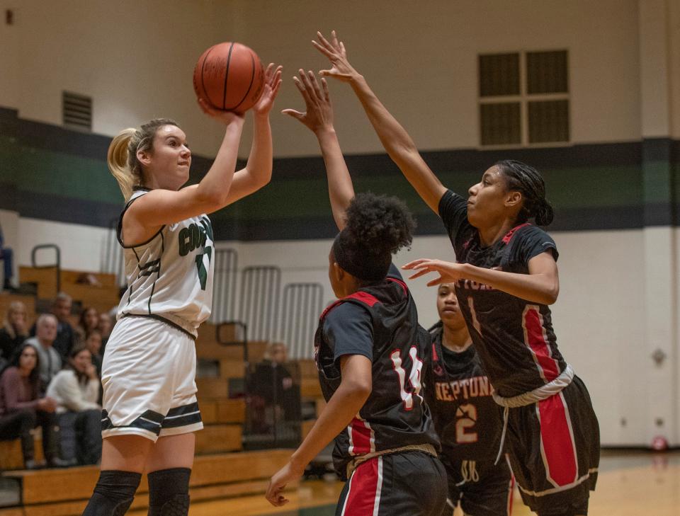 Colts Neck Camryn Foltz goes up with a second half shot. Neptune Girls Basketball defeats Colts Neck in Colts Neck, NJ on October 13, 2020. 