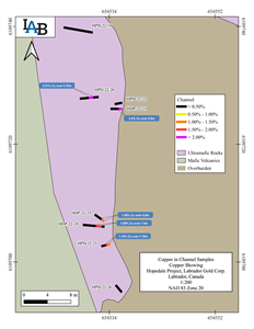 Copper in channel samples at the Kaapak showing.