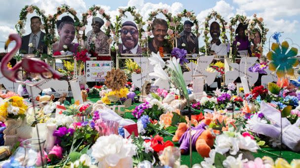 PHOTO: A memorial for the supermarket shooting victims outside the Tops Friendly Market, July 14, 2022, in Buffalo, N.Y. (Joshua Bessex/AP)