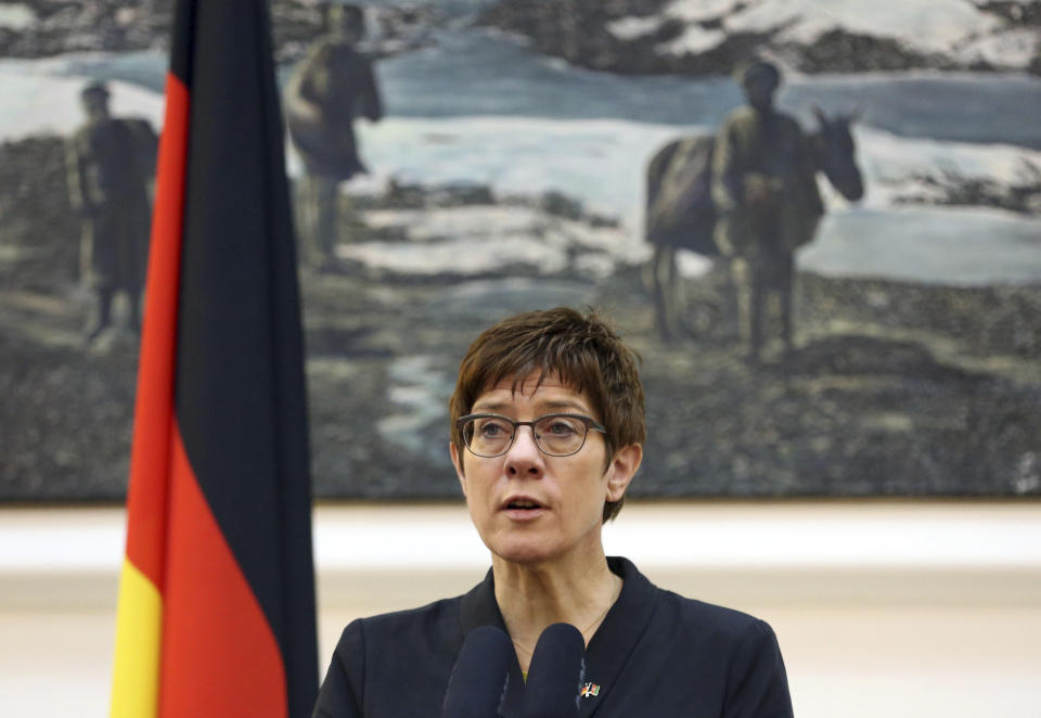 German Defense Minister Annegret Kramp-Karrenbauer speaks during a joint press conference in Kabul, Afghanistan, Tuesday, Dec. 3, 2019. Kramp-Karrenbauer asked for the announcement of the Afghanistan 2019 presidential election results in her trip to Kabul. (AP Photo/Rahmat Gul)