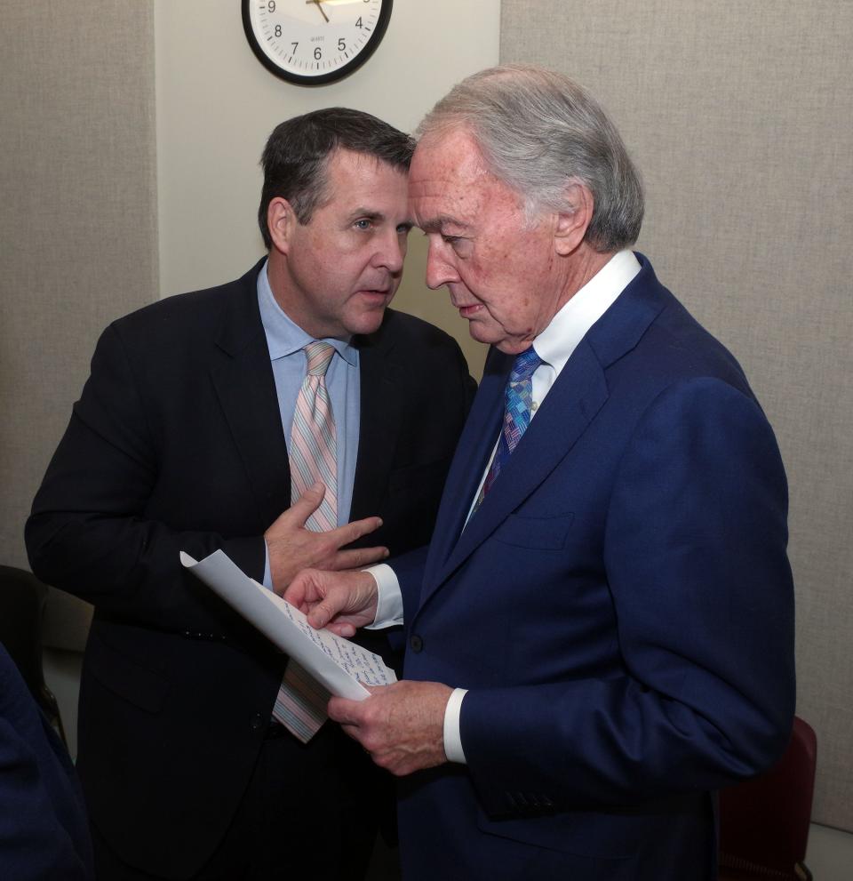 Brockton Mayor Robert Sullivan, left, has a quick word with U.S. Sen. Ed Markey on Friday, March 1, 2024, just prior to Markey's making a statement about his tour through Good Samaritan Medical Center in Brockton as the hospital's owner, Steward Health Care, is embroiled in a financial crisis.