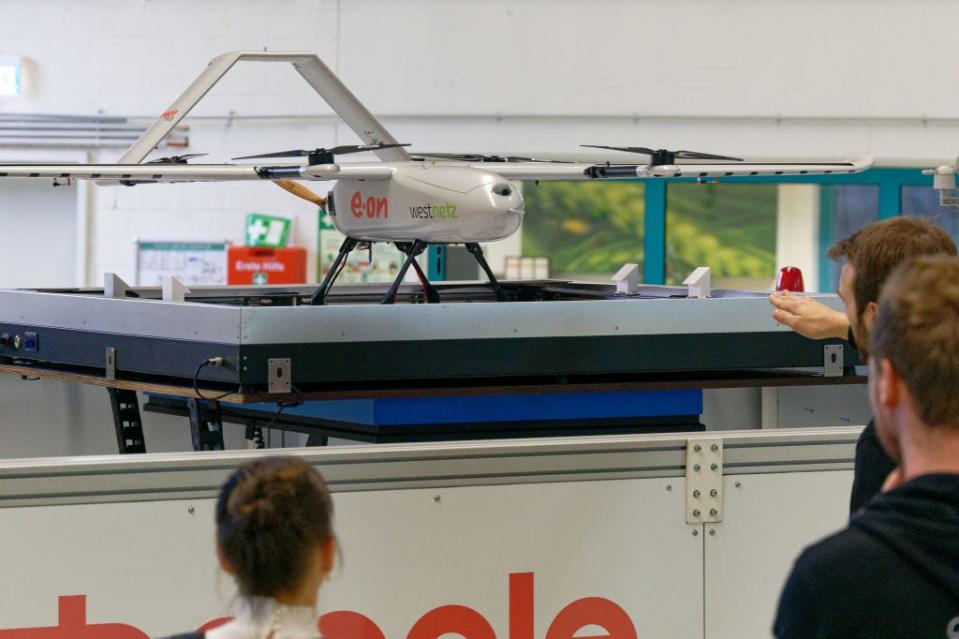 A drone for overhead line inspection is in the Eon TestingLab.