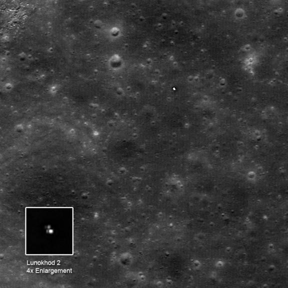 Image of the Soviet Union's Lunokhod 2 moon rover taken by NASA's Lunar Reconnaissance Orbiter, with the rover's tracks tracing its route southward. The enlargement is specially stretched to show the form of the rover; the brighest area may be