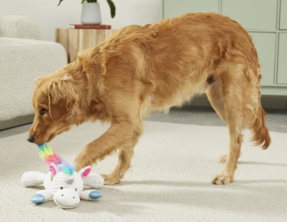 Your fur baby will love this corduroy unicorn toy. (Photo: Chewy)