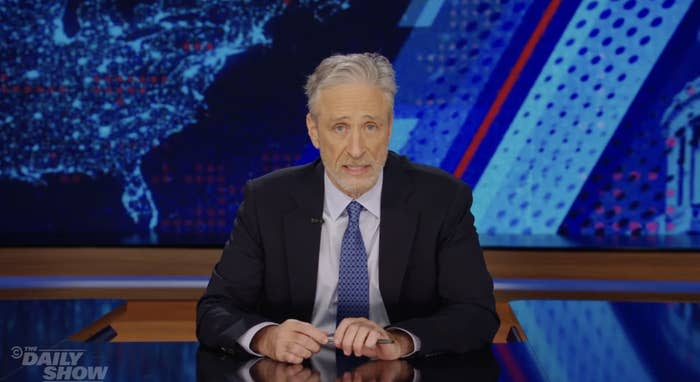 Closeup of Jon Stewart on "The Daily Show"