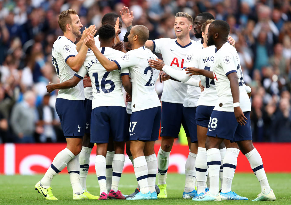 LONDON, ENGLAND - AUGUST 10: Harry Kane of Tottenham Hotspur celebrates with teammates after scoring his team's third goal during the Premier League match between Tottenham Hotspur and Aston Villa at Tottenham Hotspur Stadium on August 10, 2019 in London, United Kingdom. (Photo by Julian Finney/Getty Images)