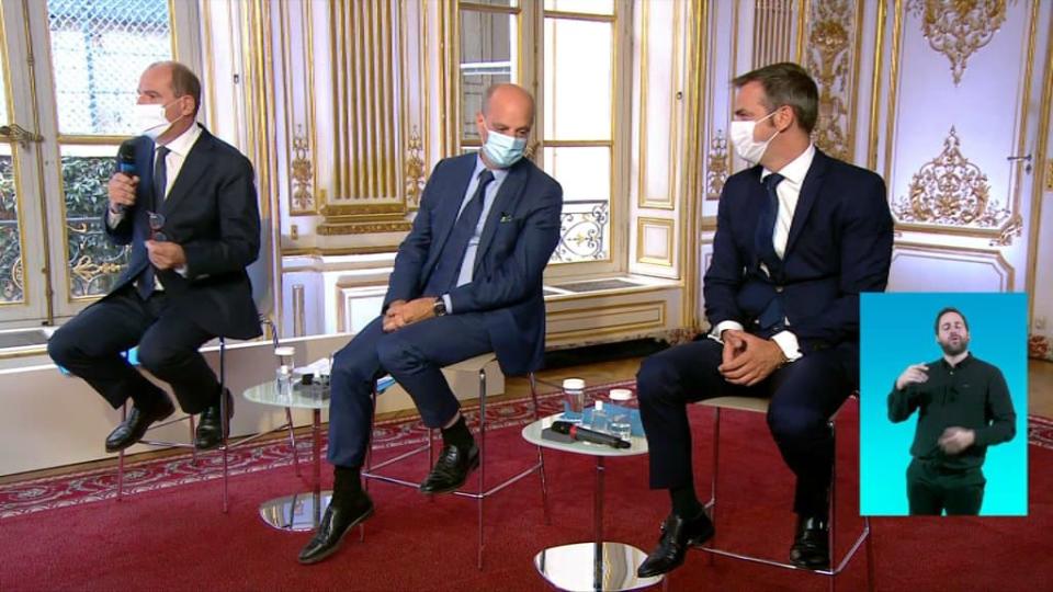 Jean Castex, Jean-Michel Blanquer et Olivier Véran lors d'une conférence de presse, le 27 août 2020. - BFMTV