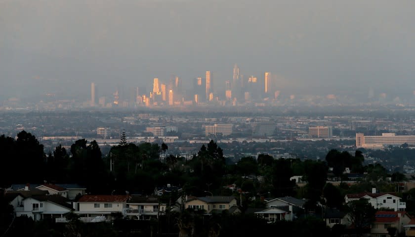 Smog descends on downtown Los Angeles during a November afternoon in 2015.