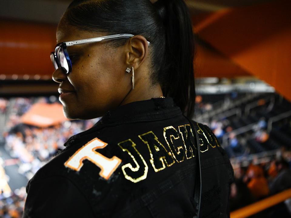 Caryn Jackson, mother of Rickea Jackson, at the second round game between Tennessee and Toledo of the NCAA basketball tournament in Knoxville, Tenn. on Monday, March 20, 2023. 