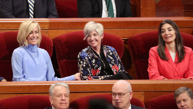 The new Young Women General Presidency, First Counselor Sister Tamara W. Runia, President Emily Belle Freeman and Second Counselor Sister Andrea Muñoz Spannaus during the 193rd Annual General Conference of The Church of Jesus Christ of Latter-day Saints in Salt Lake City on Saturday, April 1, 2023.