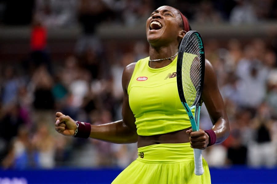 Coco Gauff, of the United States, reacts after defeating Karolina Muchova, of the Czech Republic, during the women’s singles semifinals of the U.S. Open tennis championships, Thursday, Sept. 7, 2023, in New York. (AP Photo/Charles Krupa)