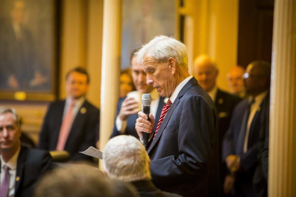 Senate Majority Leader Richard Saslaw D-Fairfax addresses the House of Delegates that the Senate is now in session during the first day of the 2023 legislative session in Richmond, Va. on Wednesday, Jan. 11, 2023. . (AP Photo/John C. Clark)