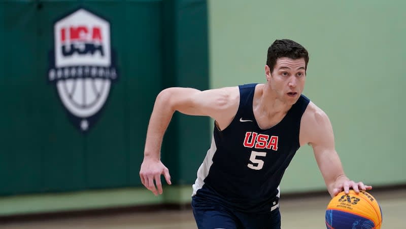 Jimmer Fredette is in action during practice for the USA Basketball 3x3 national team, Monday, Oct. 31, 2022, in Miami Lakes, Fla. Fredette has been selected for the first 3x3 Men's Olympic Basketball team.