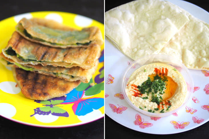 Snack on these gozleme or crispy flatbread stuffed with spinach and cheese. If you prefer, they also do potato or chicken gozleme too (left). Start off the meal with smooth hummus with their own baked flatbread that is soft and fluffy (right)