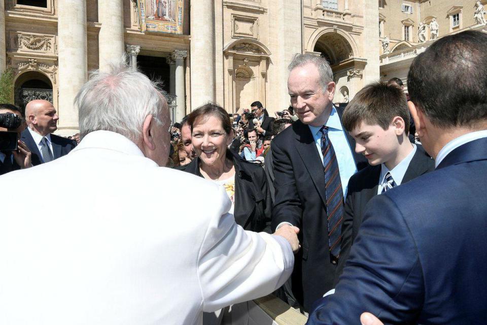 Hours after being sacked - while on holiday in Italy - Mr O'Reilly was shaking hands with the Pope (L’Osservatore Romano)