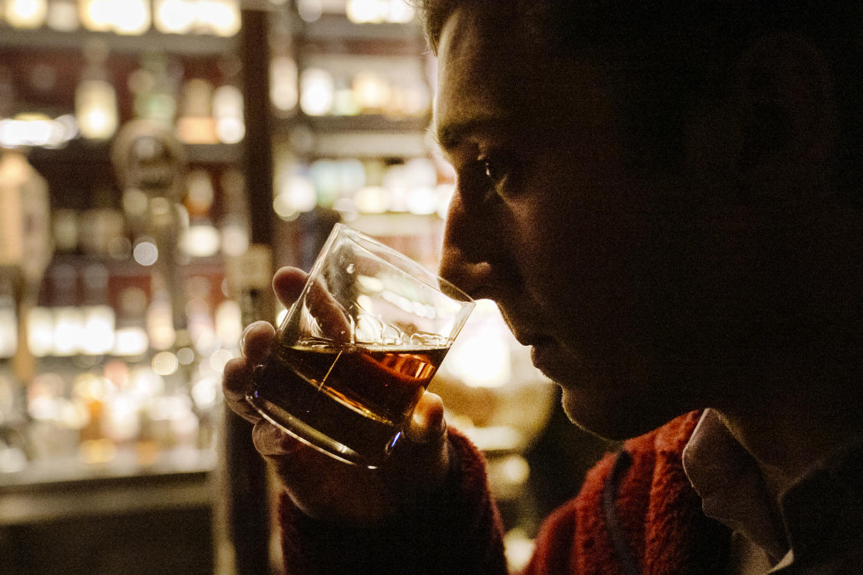 Bourbon aficionado Cody Walding from Houston, Texas, tastes a 10-year old bourbon by Eagle Rare at the Seven Grand bar, a whiskey bar downtown Los Angeles Tuesday, Feb. 28, 2023. Seven Grand offers an extensive selection of over 700 different whiskies from around the world, including rare and hard-to-find bottles. (AP Photo/Damian Dovarganes)