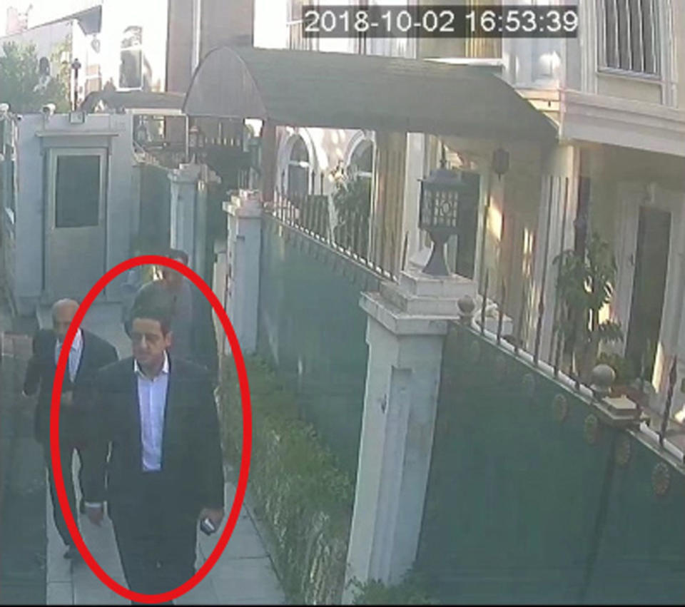 ADDS NAME OF SUSPECT - In a frame from surveillance camera footage taken Oct. 2, 2018, and published Thursday, Oct. 18, 2018, by the pro-government Turkish newspaper Sabah, a man identified by Turkish officials as Maher Abdulaziz Mutreb, walks outside the Saudi consul general’s residence in Istanbul. Writer Jamal Khashoggi disappeared at the nearby Saudi consulate on the same day. Saudi Arabia, which initially called the allegations "baseless," has not responded to repeated requests for comment from The Associated Press over recent days, including on Thursday over Mutreb’s identification. (Sabah via AP)