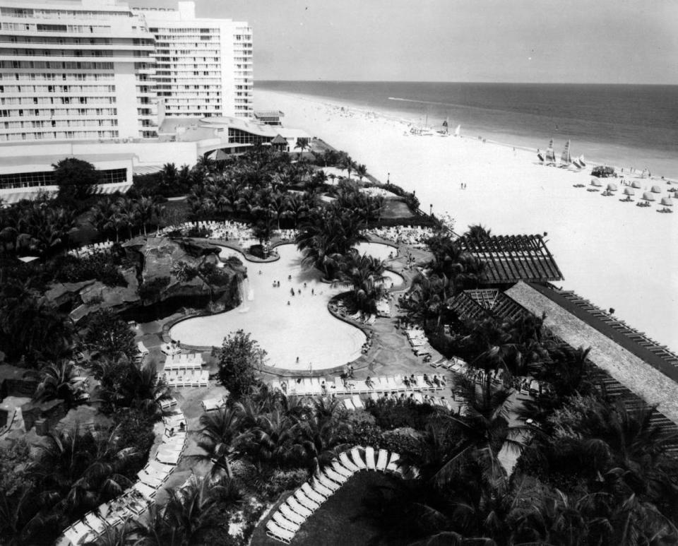 The hallmark of the renovated Fontainebleau Hilton -- the 18,000-square-foot, 368,000-gallon free-form swimming pool, featuring a huge rock grotto and cascading waterfalls.