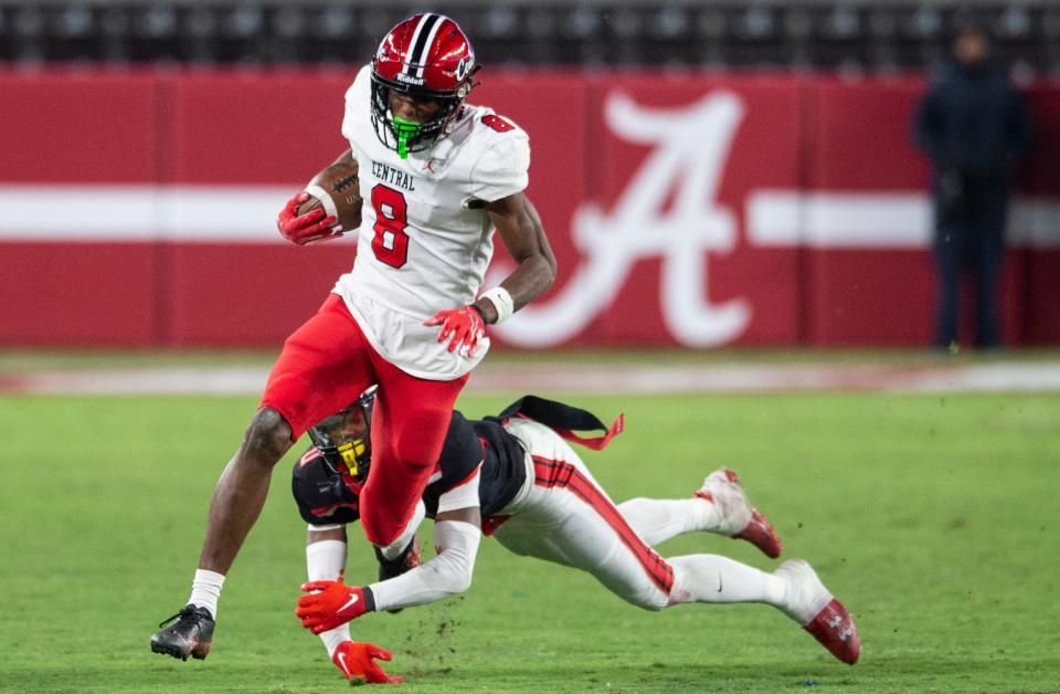 Central Phenix City's Cameron Coleman (8) breaks free for a touchdown after a catch as Central Phenix City faces Thompson in the Class 7A football state championship at Bryant-Denny Stadium in Tuscaloosa, Ala., on Wednesday, Dec. 6, 2023. Central Phenix City defeated Thompson 21-19.