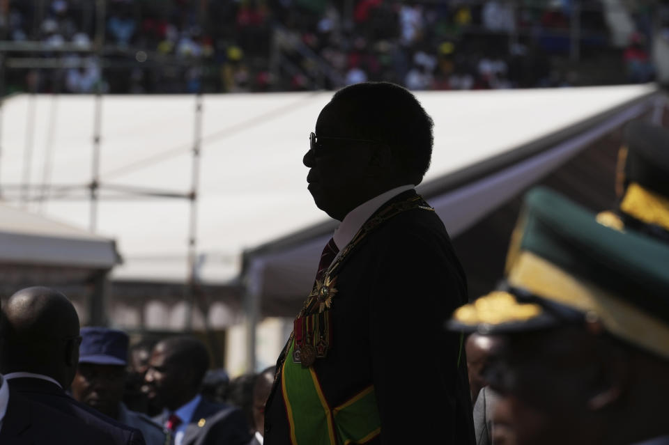 Zimbabwe's President Emmerson Mnangagwa attends his inauguration ceremony at the National Sports Stadium in the capital Harare, Monday, Sept. 4, 2023. Mnangagwa Monday hailed recent elections as a sign of the country’s “mature democracy” and a victory over Western adversaries, as he took an oath of office following polls whose credibility was questioned by multiple observer missions, including those from Africa. (AP Photo /Tsvangirayi Mukwazhi)