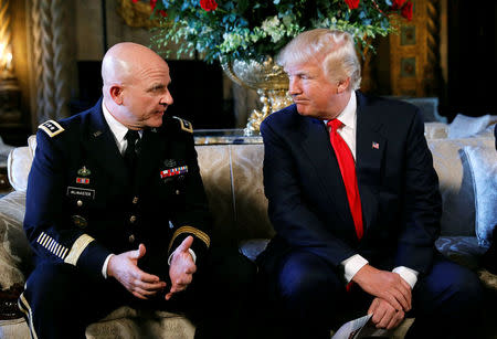 U.S. President Donald Trump and his newly appointed National Security Adviser Army Lt. Gen. H.R. McMaster (L) speak during the announcement at his Mar-a-Lago estate in Palm Beach, Florida U.S. February 20, 2017. REUTERS/Kevin Lamarque