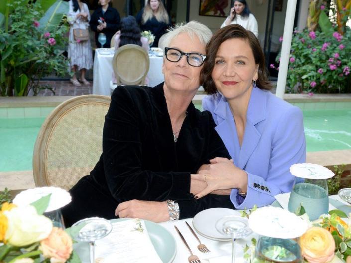 Jamie Lee Curtis and Maggie Gyllenhaal attend Lost Daughter's Women's Dinner and Netflix Screening at the San Vicente Bungalow on November 7, 2021 in West Hollywood, California.