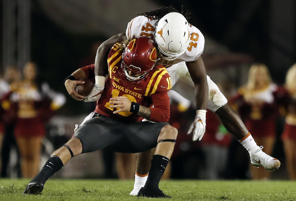 Texas linebacker Malik Jefferson (46) was the co-defensive player of the year in the Big 12. (AP Photo/Charlie Neibergall, File)