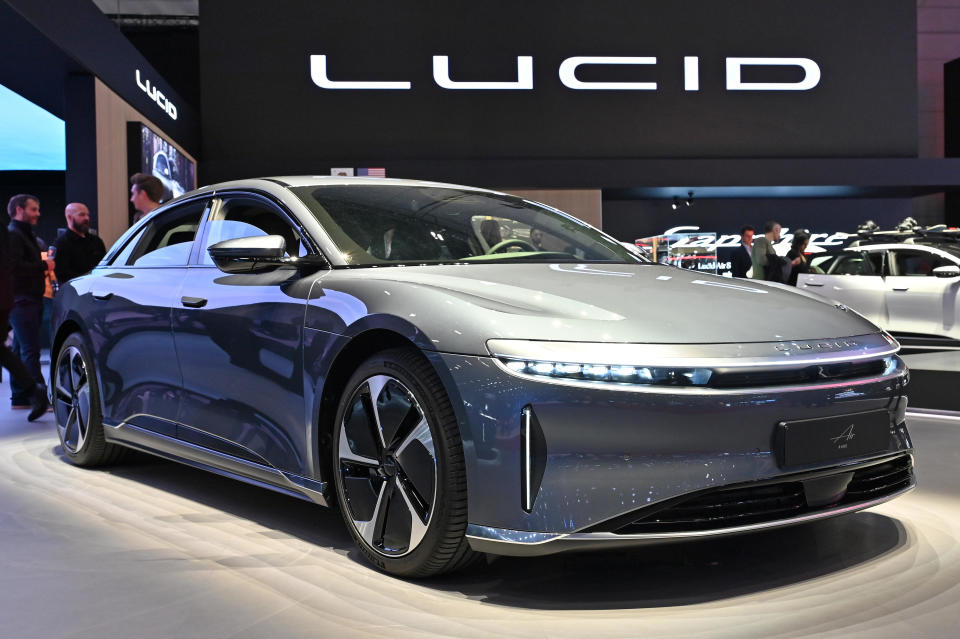 A Lucid Air Pure fully electric car is displayed during the Geneva Motor Show 2024 at Palexpo on February 26, 2024, in Geneva, Switzerland. / Credit: John Keeble of Getty Images