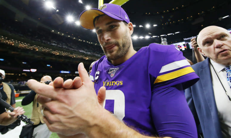 Minnesota Vikings quarterback Kirk Cousins celebrates in overtime.