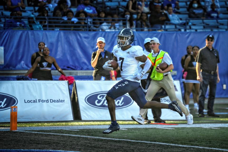 Georgia Southern's Khaleb Hood scores on a 15-yard touchdown pass in the third quarter against Georgia State on Oct. 8, 2022, at Center Parc Stadium in Atlanta.. As the leading Eagles receiver, the senior had a career day with 11 receptions for 120 yards and the touchdown.