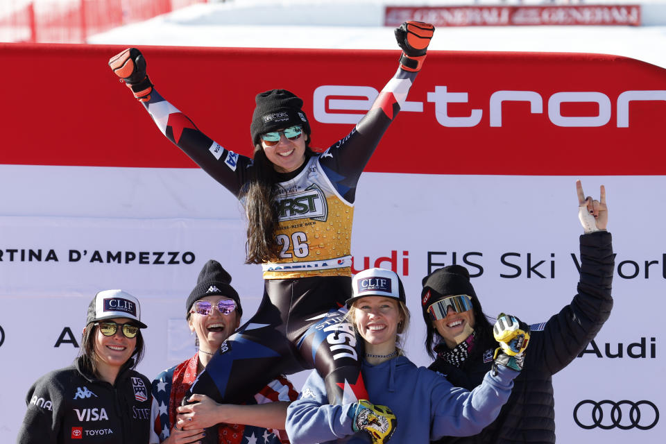 Second placed United States' Jacqueline Wiles celebrates after an alpine ski, women's World Cup downhill race, in Cortina d'Ampezzo, Italy, Saturday, Jan. 27, 2024. (AP Photo/Alessandro Trovati)