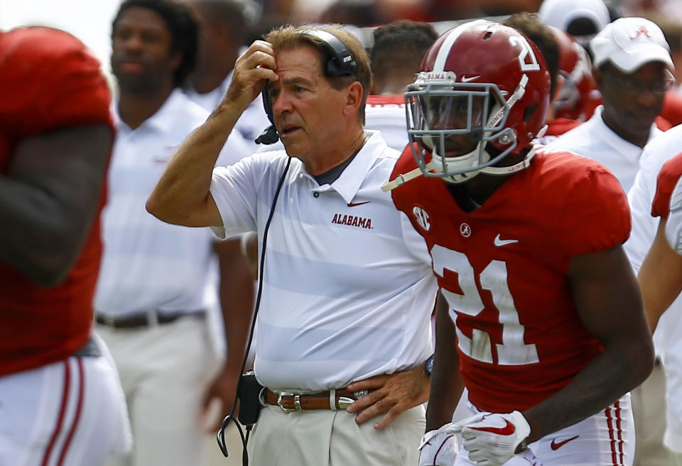 Alabama head coach Nick Saban reacts after Alabama place kicker Joseph Bulovas (97) missed a field goal during the second half of an NCAA college football game against Louisiana-Lafayette, Saturday, Sept. 29, 2018, in Tuscaloosa, Ala. Alabama won 56-14. (AP Photo/Butch Dill)