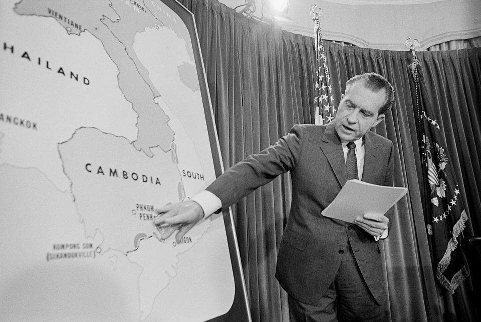 In a TV speech to the nation from the White House on April 30, 1970, President Nixon announced that several thousand American ground troops have entered Cambodia to wipe out Communist headquarters for all military operations against South Vietnam. (Photo: Bettmann Archives via Getty Images)