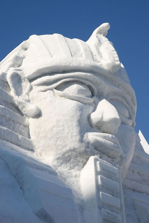 A snow sculpture of the Great Sphinx of Giza is displayed at Odori Park in Sapporo, Japan.