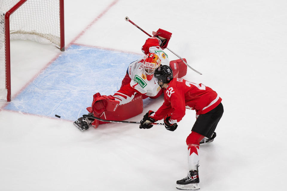 EDMONTON, AB - JANUARY 04: Dylan Cozens #22 of Canada fails to score on a penalty shot against goaltender Yaroslav Askarov #1 of Russia during the 2021 IIHF World Junior Championship semifinals at Rogers Place on January 4, 2021 in Edmonton, Canada. (Photo by Codie McLachlan/Getty Images)