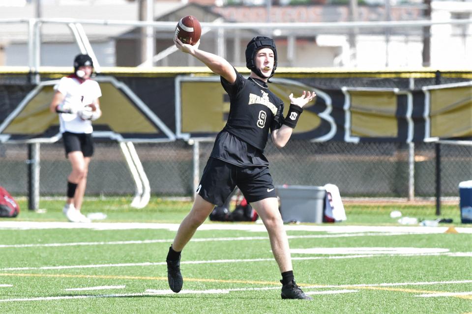Abilene High quarterback Dylan Slack (9) throws a pass during the June 5 7-on-7 state qualifying tournament at Abilene High.