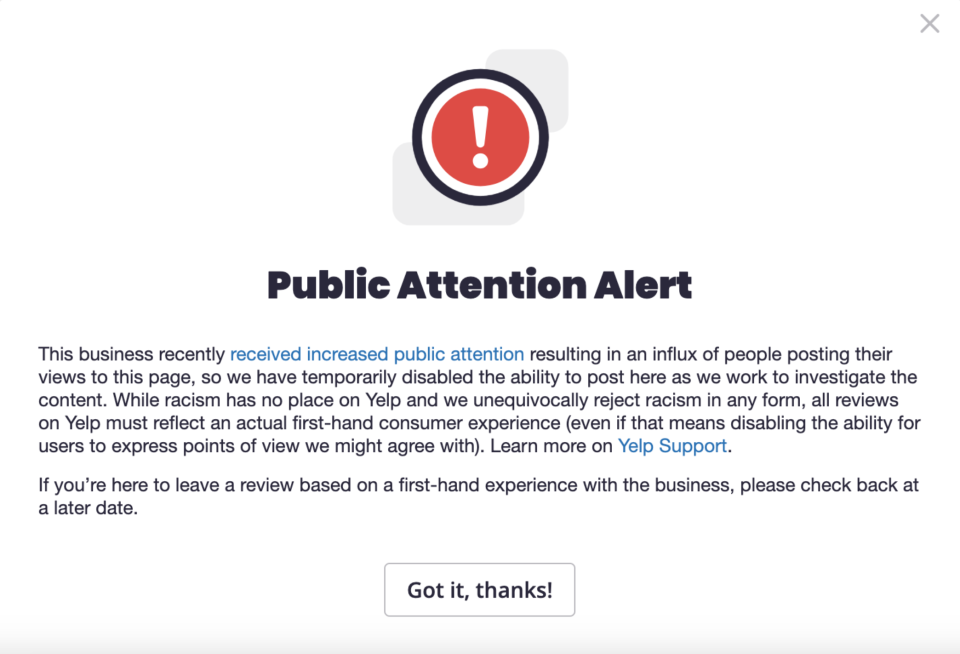 Users will receive a Public Attention Alert when businesses experience increased activity. (Photo: Yelp)