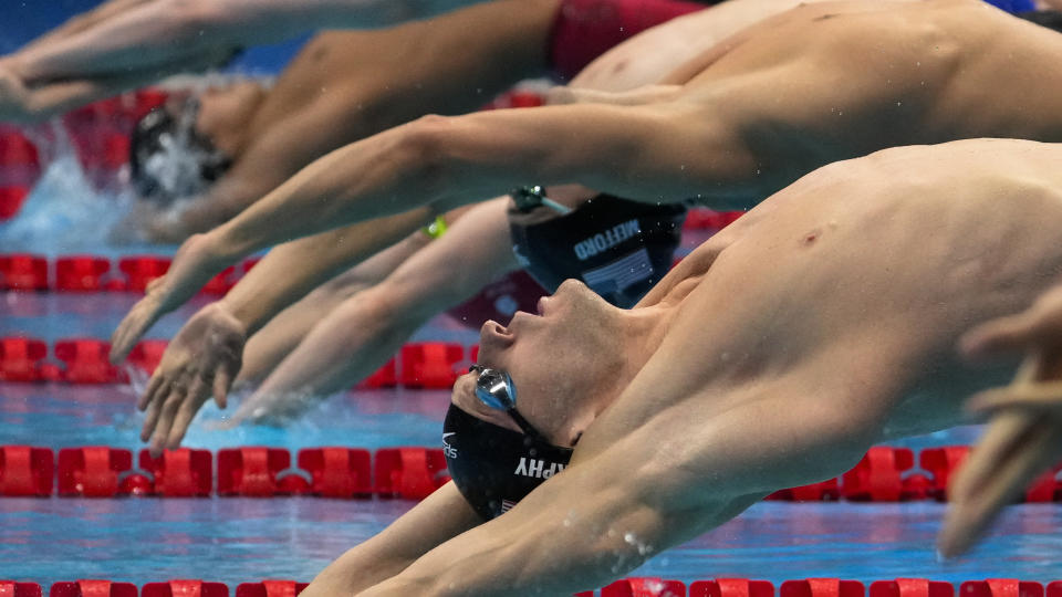 Ryan Murphy, of the United States, swims in a men's 200-meter backstroke semifinal at the 2020 Summer Olympics, Thursday, July 29, 2021, in Tokyo, Japan. (AP Photo/Charlie Riedel)