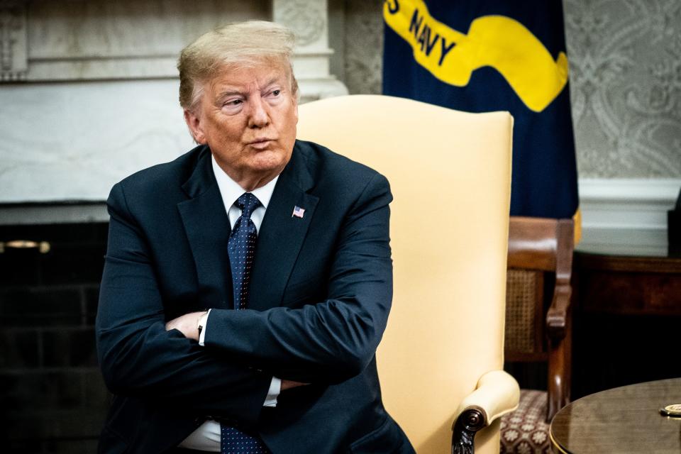 President Donald Trump looks on during a meeting Polish President Andrzej Duda in the Oval Office of the White House on June 24, 2020.