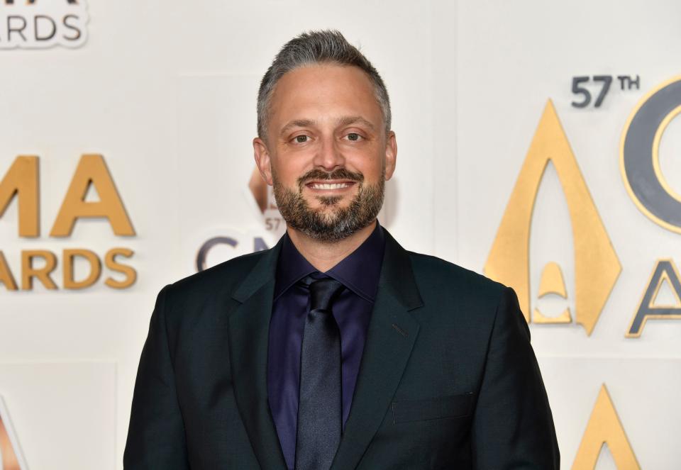 Nate Bargatze arrive at the 57th Annual CMA Awards on Wednesday, Nov. 8, 2023, at the Bridgestone Arena in Nashville, Tenn.