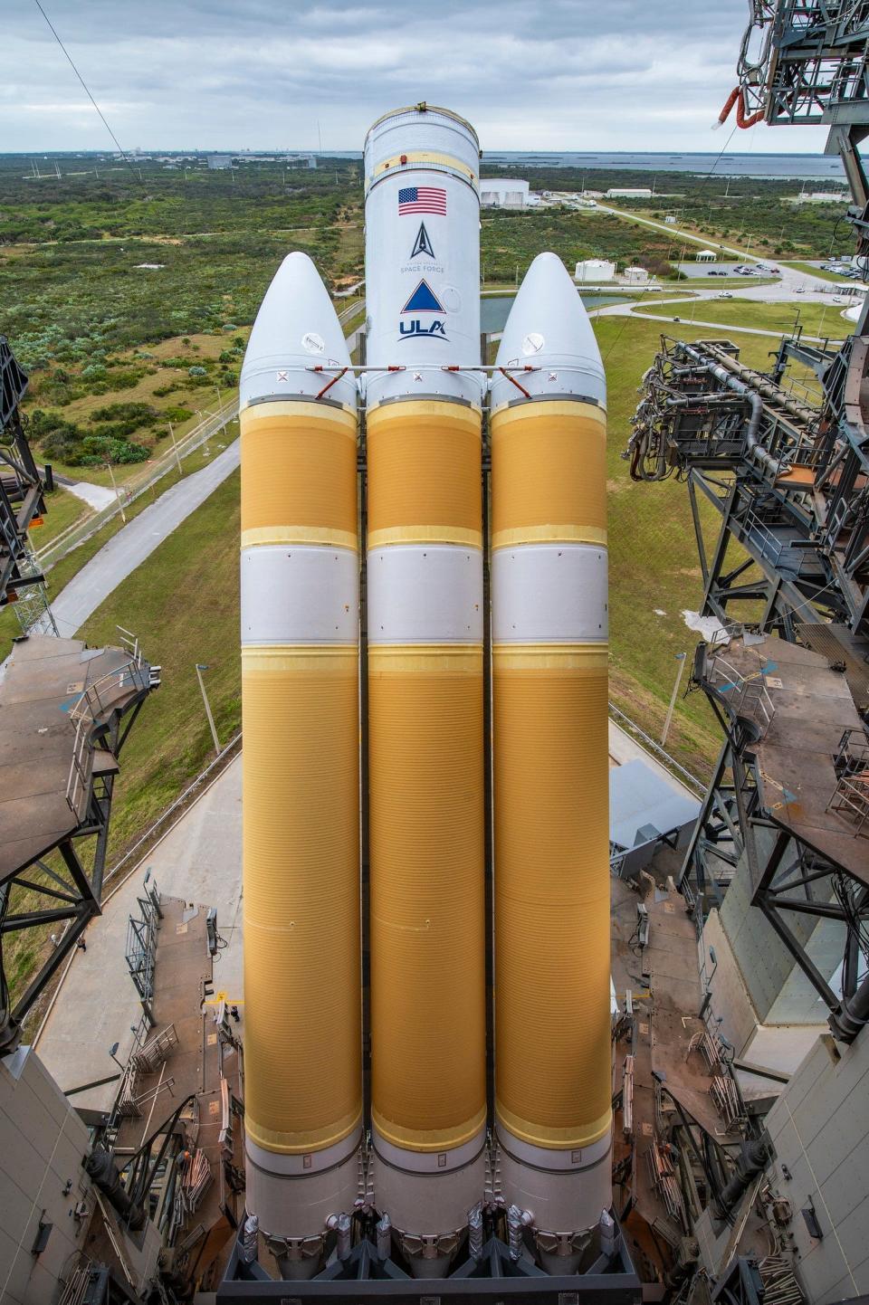 United Launch Alliance's last Delta IV Heavy rocket is raised vertically in December at Launch Complex 37 in preparation of the NROL-70 mission for the National Reconnaissance Office.